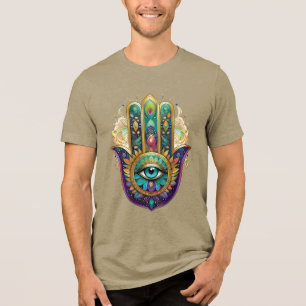 T-shirt En Tri-matière Pétales violettes vert or Hamsa Oeil turquoise tro