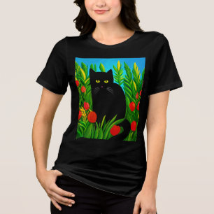 T-shirt En Tri-matière Petit chat noir dans un jardin de tulipes