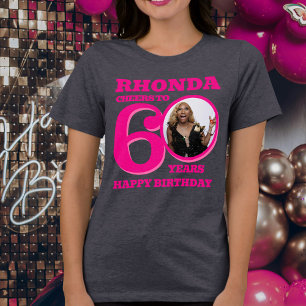 T-shirt En Tri-matière photo d'anniversaire 60 ans et nom en texte rose
