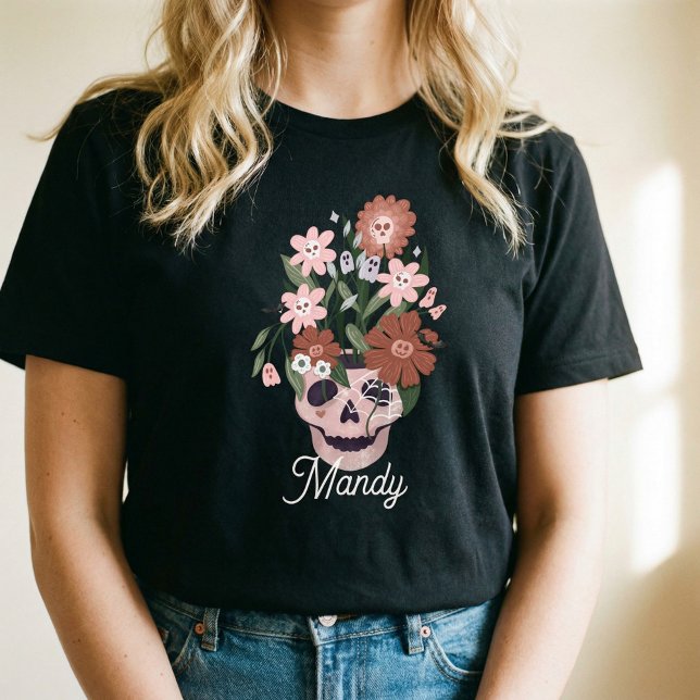 T-shirt En Tri-matière Plaisir Éffrayant floraison Halloween crâne (Cute Fun Pink Skull Flowers Halloween Custom Name Tri-Blend Shirt)