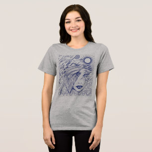 T-shirt En Tri-matière Portrait de femme en ligne d'encre bleue céleste