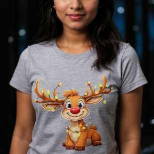 T-shirt En Tri-matière Renne de dessin animé avec nez et lumières rouges