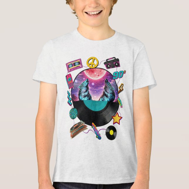 T-shirt En Tri-matière Retro 90s Midnight Wolf & Boombox Circular Collage (Recto)