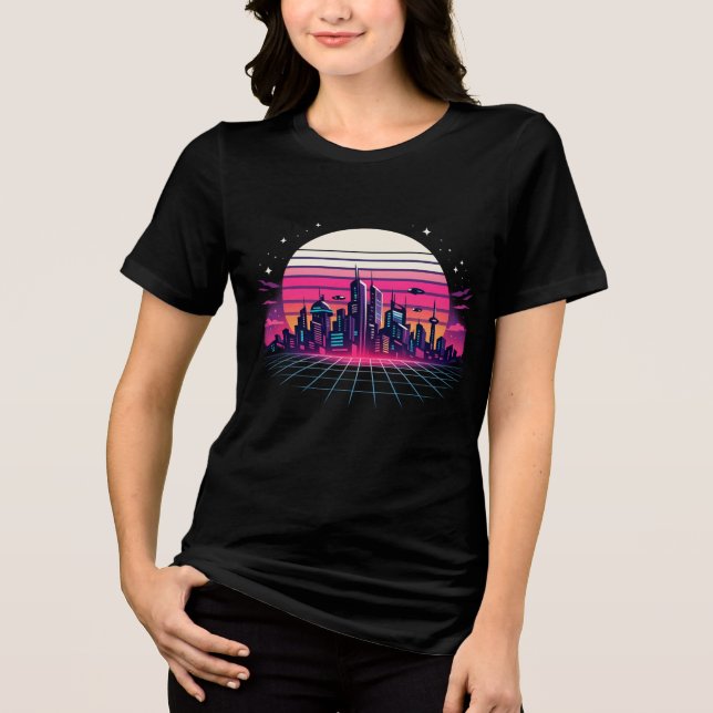 T-shirt En Tri-matière Retro Futuristic Cityscape Vaporwave Sunset Neon S (Recto)