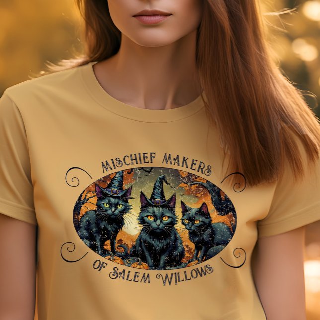 T-shirt En Tri-matière Retro Halloween Mischief Chats noirs + Nom du grou (Mischief makers retro black kittens Halloween group tee for spooky season fun!)