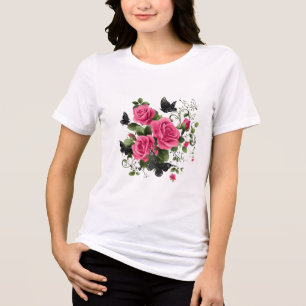 T-shirt En Tri-matière Roses et Papillons, Dessin Coloré,