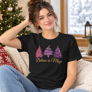 T-shirt En Tri-matière Sapins de Noël en Paillettes Roses Croient en la M