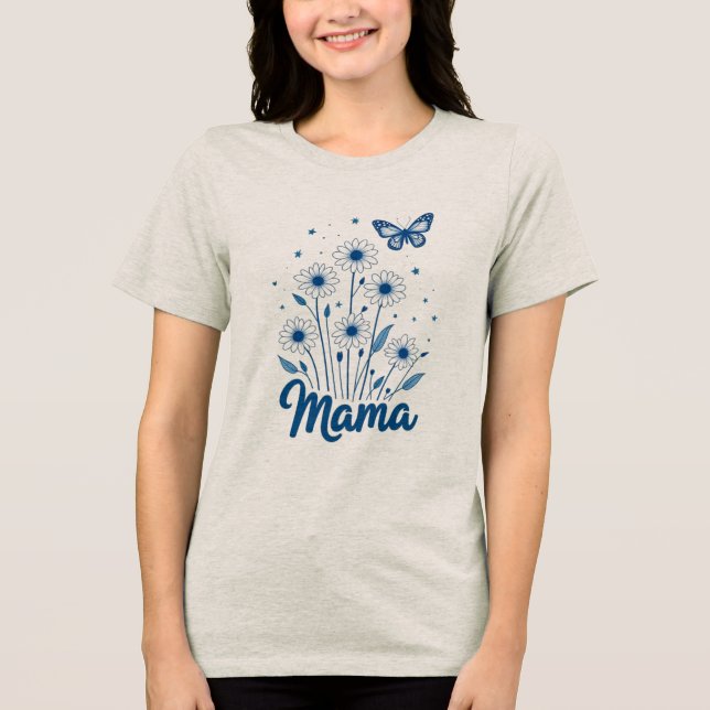 T-shirt En Tri-matière Script de maman florale avec papillon bleu (Recto)