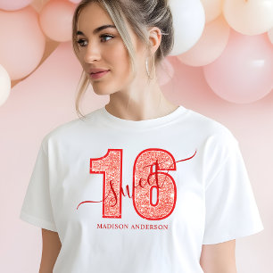 T-shirt En Tri-matière Script Pailleté Rouge Anniversaire Sweet 16