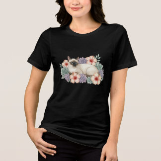 T-shirt En Tri-matière Siamese Cat & Watercolor Tropical Flowers T-Shirt