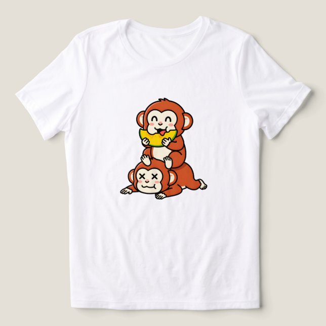 T-shirt En Tri-matière Singe Mignon Mangeant de la Pastèque, Art de Pile  (Design Recto)