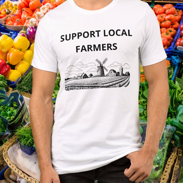T-shirt En Tri-matière Soutien Agriculteurs locaux Arable Farm Windmill F (A t-shirt with 'Support Local Farmers' caption and line art arable farm picture with windmill)