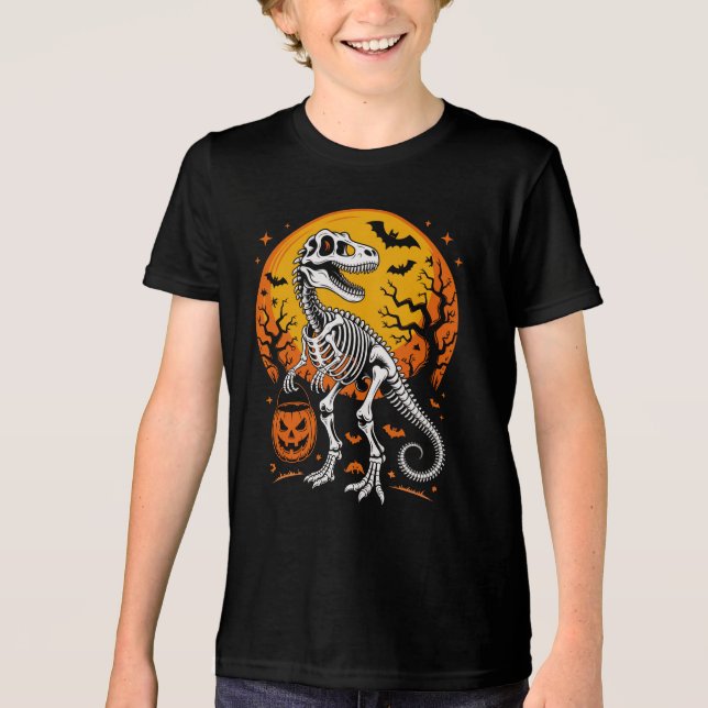 T-shirt En Tri-matière T-Rex Squelette Halloween Citrouille Pail Et Bats (Recto)