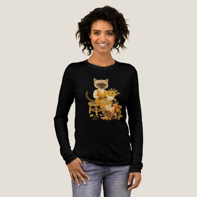 T-shirt En Tri-matière Thanksgiving d'automne avec chat (Recto complet)