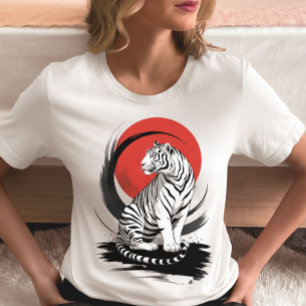 T-shirt En Tri-matière Tigre Blanc Avec Soleil Rouge Artistique 