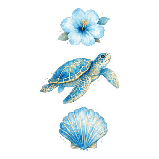 T-shirt En Tri-matière Tortue de mer à l'aquarelle bleue et éléments côti