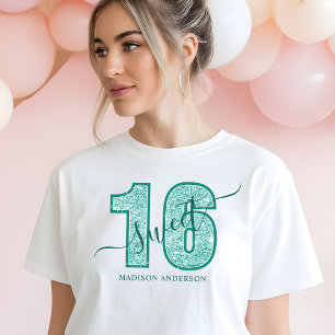 T-shirt En Tri-matière Turquoise Écriture Pailletée Joyeux 16ème Annivers