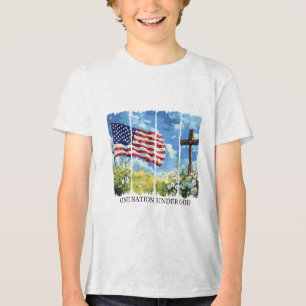 T-shirt En Tri-matière Une Nation Sous Dieu Drapeau Usa Fleurs Rouge Blan