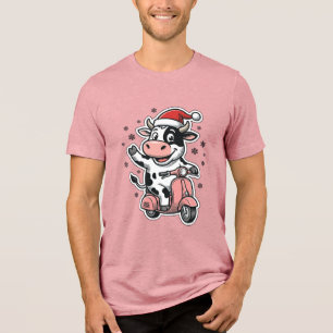 T-shirt En Tri-matière Vache de Noël à scooter rose vintage vecteur_1