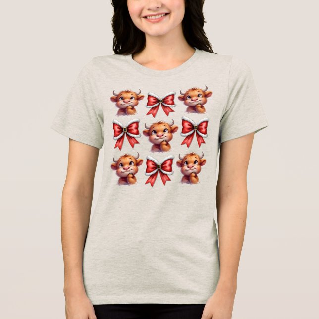 T-shirt En Tri-matière Vache Highland et coquette de Noël Bow (Recto)