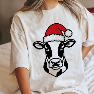 T-shirt En Tri-matière Vache mignonne portant un chapeau de Père Noël pou
