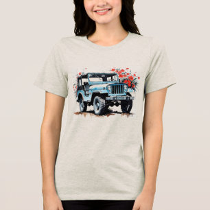 T-shirt En Tri-matière Vieux camion bleu tout-terrain 4x4 avec des fleurs