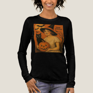 T-shirt En Tri-matière Vintage/rétro Happy Halloween sorcière, chat, citr