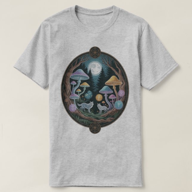 T-shirt Enchanted Moonlit Wolves and Psychedelic Mushrooms (Design devant)