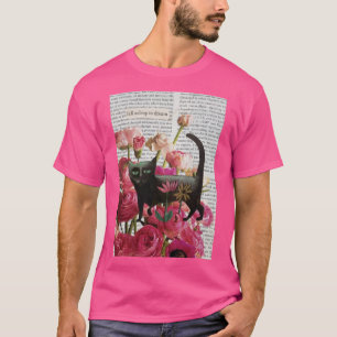 T-shirt Endormez-vous pour rêver Chat noir Fleurs roses ch