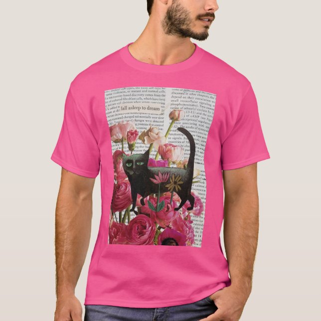 T-shirt Endormez-vous pour rêver Chat noir Fleurs roses ch (Devant)