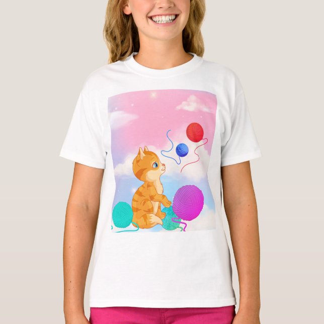 T-shirt enfant avec nuages blancs rose, bleu, (Devant)