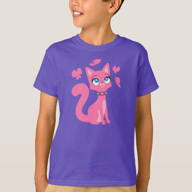 T-shirt enfant caricature rose Chat et papillons (Devant)