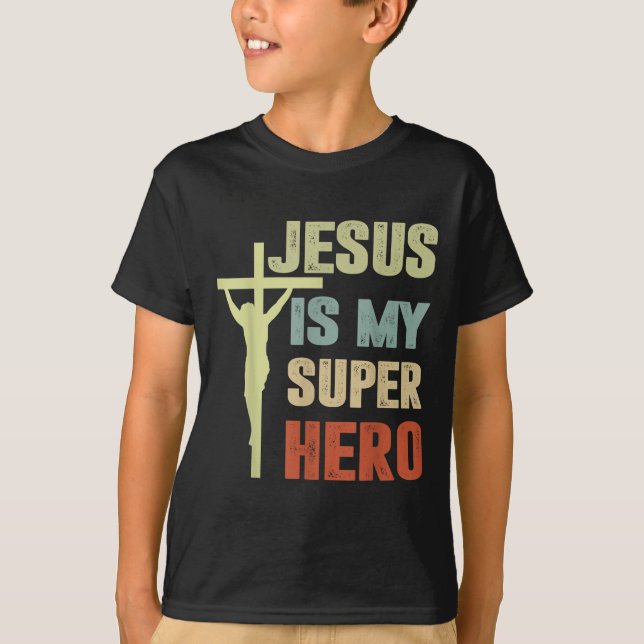 T-shirt Enfant Jésus Est Mon Superhéros Chrétien Dieu Fils (Devant)