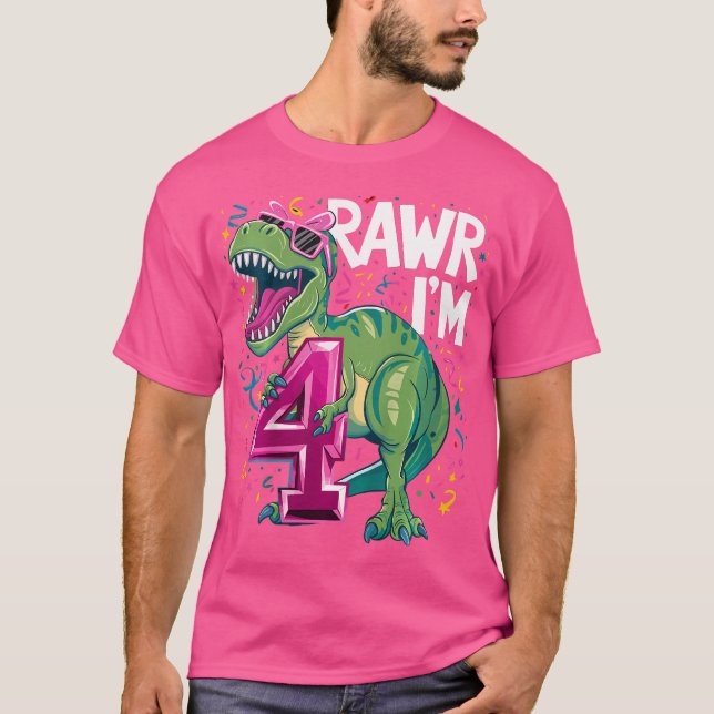 T-shirt Enfants 4 Ans T Rex Dinosaur 4E Fille Anniversaire (Devant)