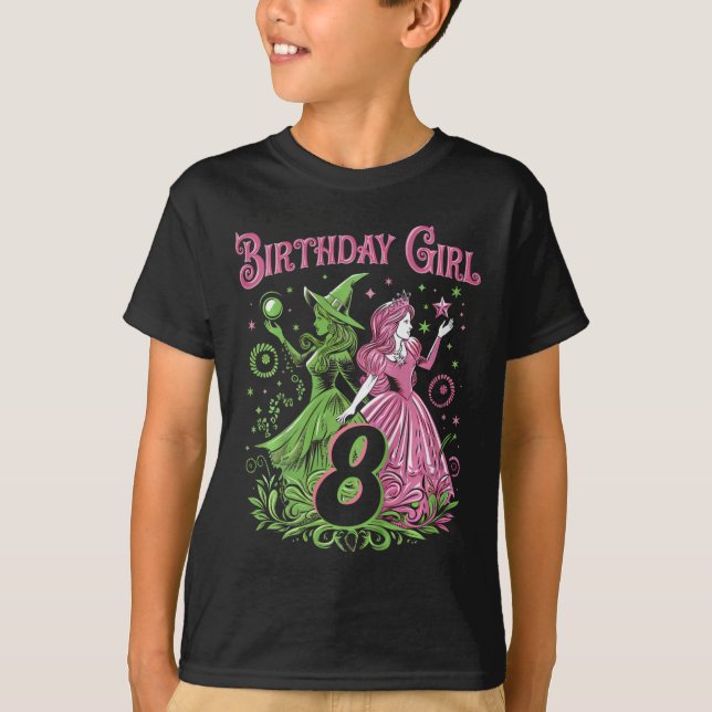 T-shirt Enfants 8e Anniversaire Sorcière rose et verte 8 A (Devant)