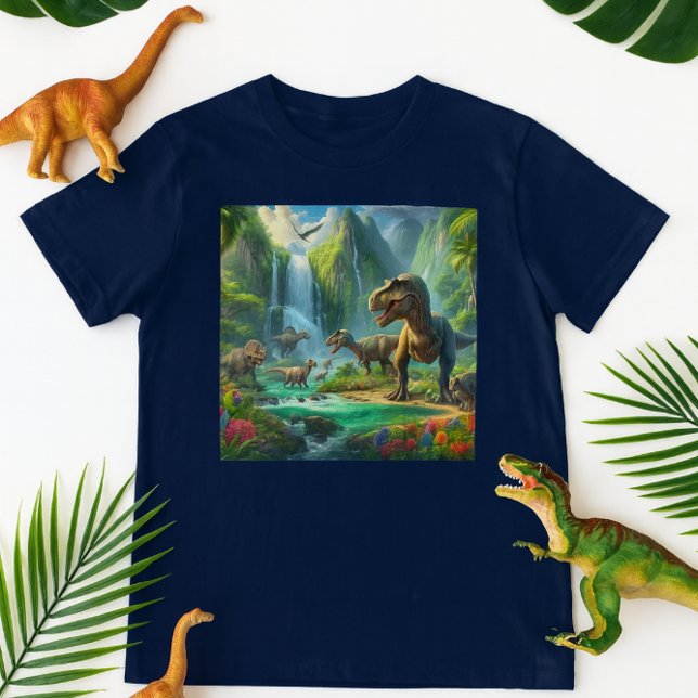 T-shirt Enfants AI Art Dinosaures Tropical Green (Playful dinosaur tee mockup with toys and tropical leaves on a clean white background)