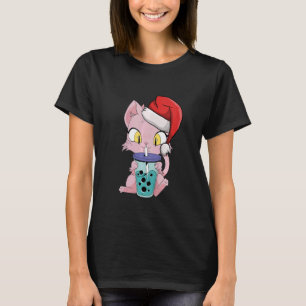 T-shirt Enfants Chat Boire Boba Christmas Pajama Santa Hat