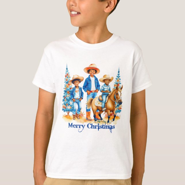 T-shirt Enfants Cowboy Noir Avec Cheval Joyeux Noël (Devant)