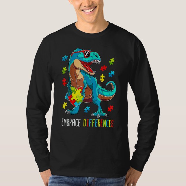T-shirt Enfants Dinosaur Trex Embrace Différences Autisme  (Devant)