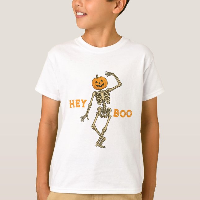 T-shirt Enfants Halloween Skeleton Citrouille Head "Hey Bo (Devant)
