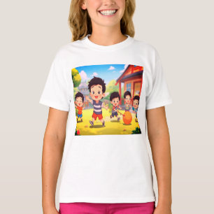 T-shirt Enfants Jouant Dans La Cour Sur Un SS Blanc