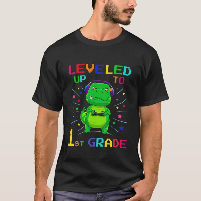 T-shirt Enfants Leveled Jusqu'À 1Ème Année Gamer Dinosaure (Devant)