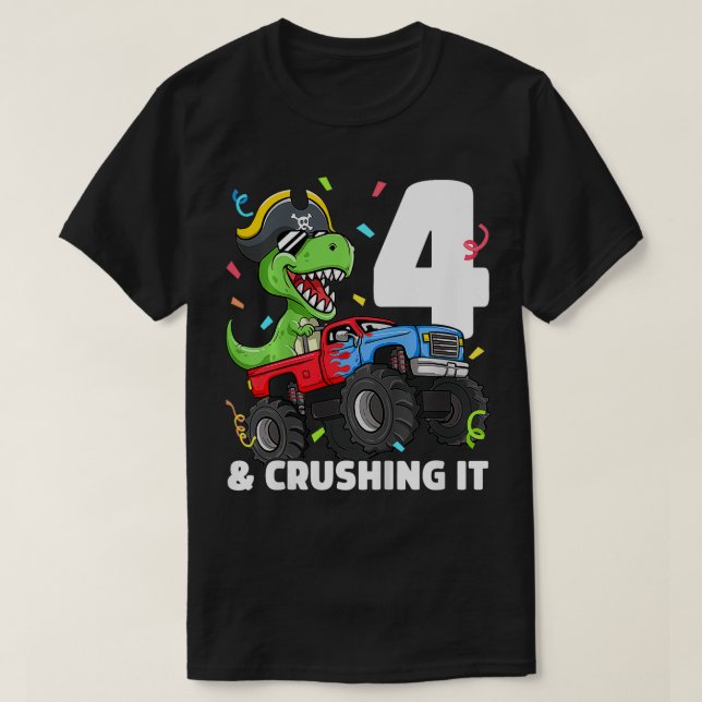 T-shirt Enfants Monster Truck TRex Pirate 4e anniversaire  (Design devant)