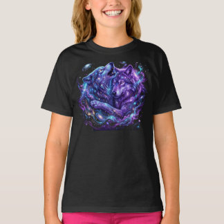 T-Shirt Enfants Mystic Galaxy Bleu Cosmic Wolf Art