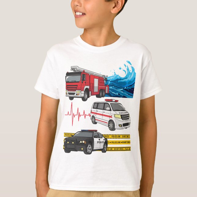 T-shirt Enfants Police Camions d'incendie Véhicules ambula (Devant)