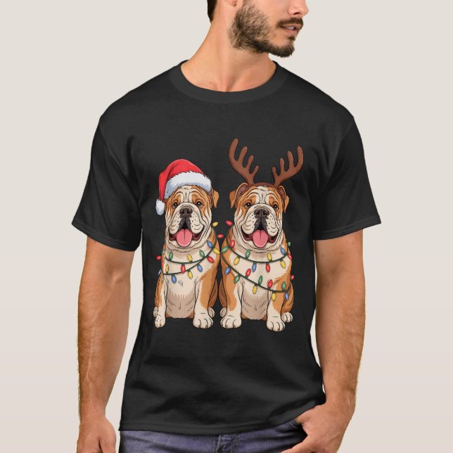 T-shirt English Bulldog Christmas Santa Hat Reindeer Light (Devant)