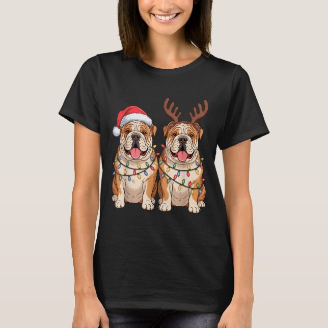 T-shirt English Bulldog Christmas Santa Hat Reindeer Light (Devant)