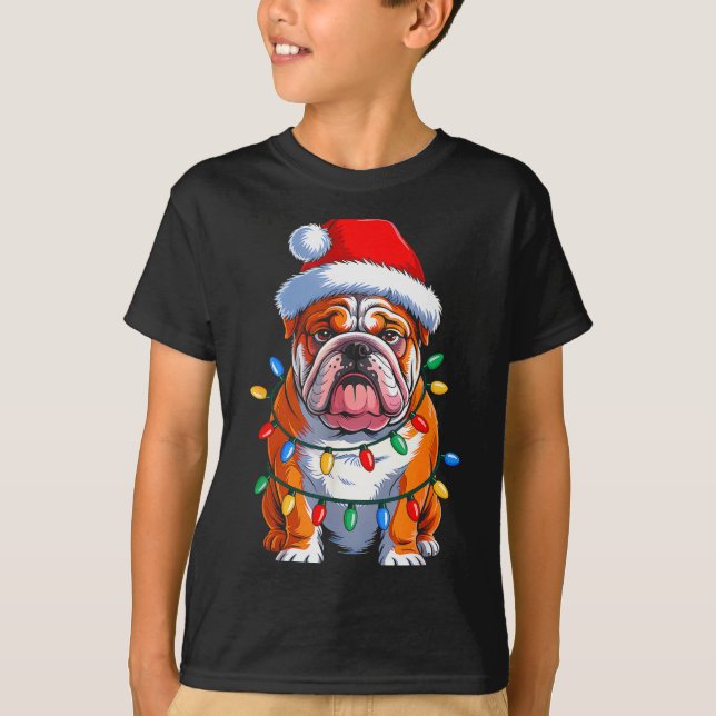 T-shirt English Bulldog Dog Christmas Lights Santa Hat Xma (Devant)