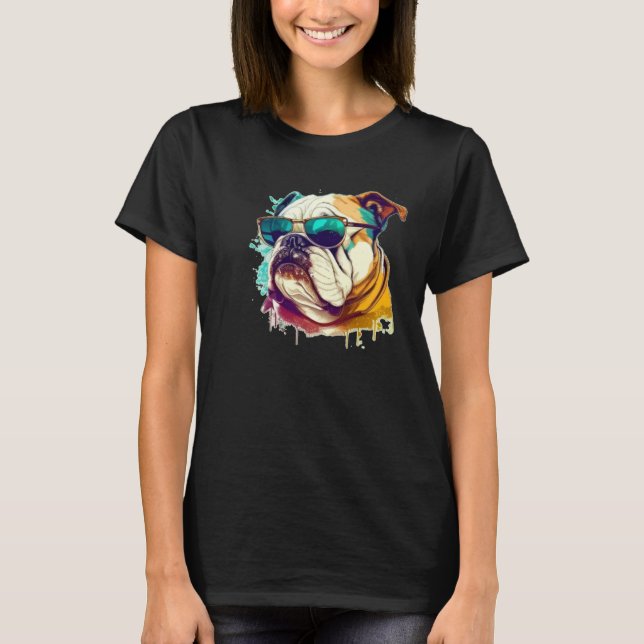 T-shirt English Bulldog Face with Sunglasses (Devant)