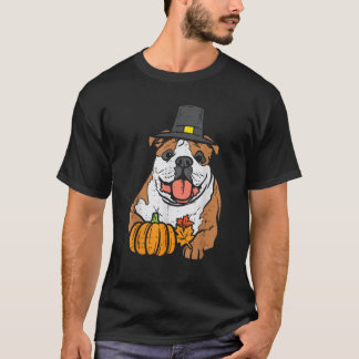 T-shirt English Bulldog Pumpkin Leaf Thanksgiving Fall Hal